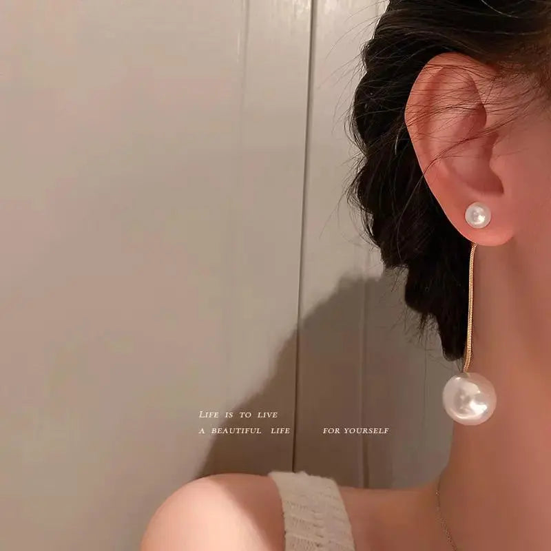 2-in-1 Big Pearl Dangle Drop Earrings - Gold - Salty Accessories