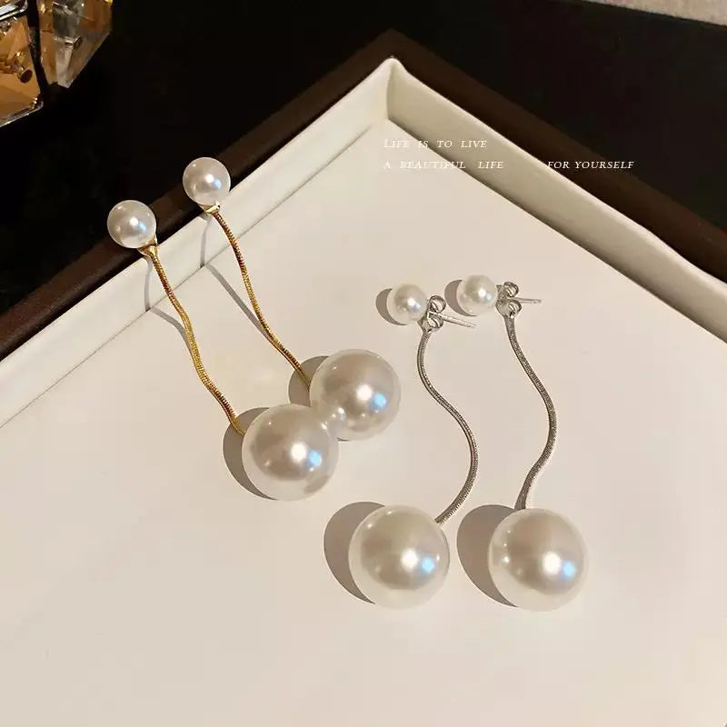 2-in-1 Big Pearl Dangle Drop Earrings - Gold - Salty Accessories