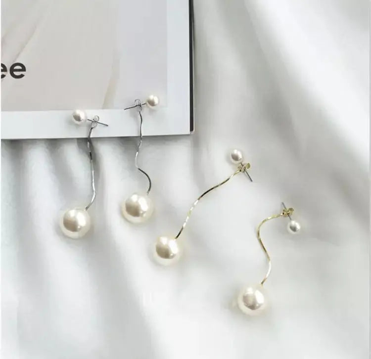 2-in-1 Big Pearl Dangle Drop Earrings - Gold - Salty Accessories