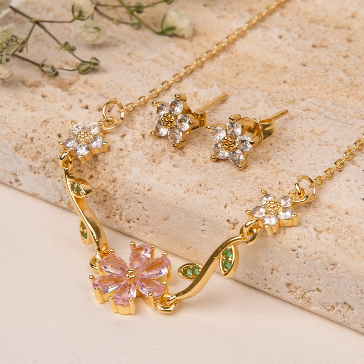 Fleuria Minimal Necklace and Earring Set - Pink | Salty