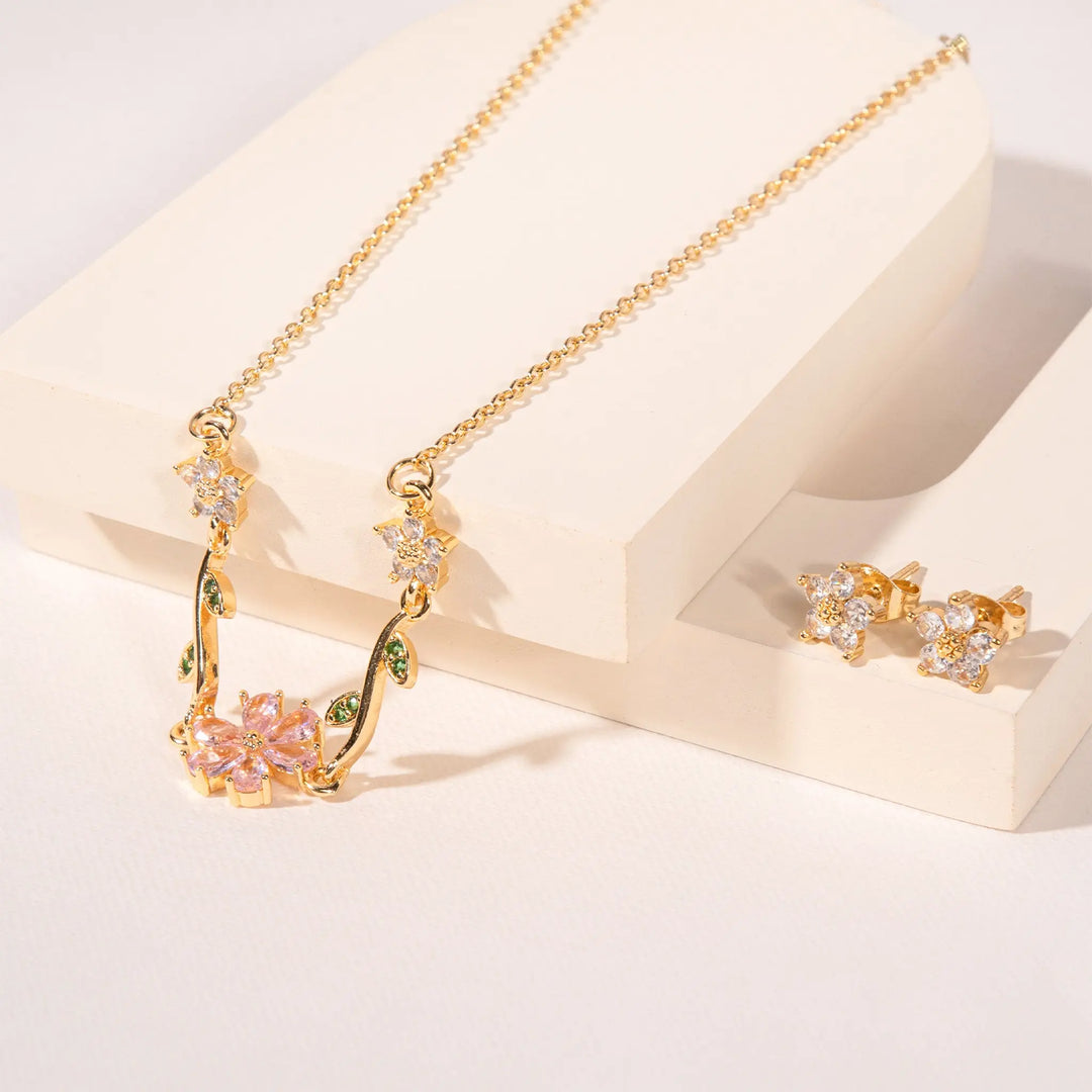 Fleuria Minimal Necklace and Earring Set - Pink | Salty