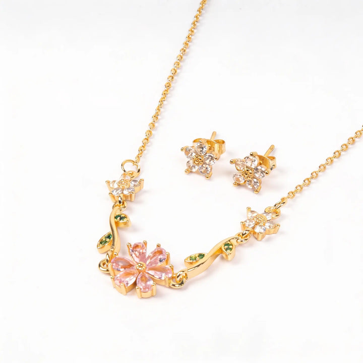 Fleuria Minimal Necklace and Earring Set - Pink | Salty