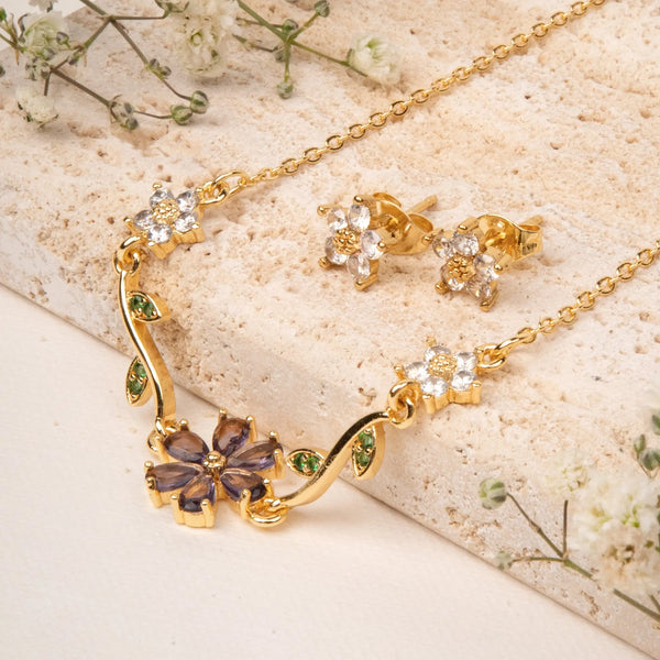 Fleuria Minimal Necklace and Earring Set - Purple