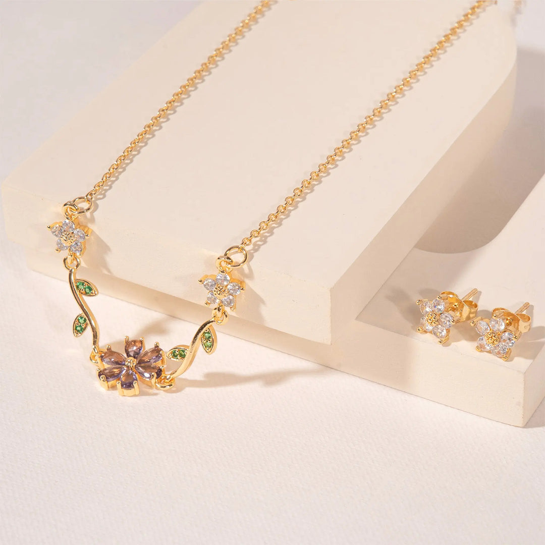 Fleuria Minimal Necklace and Earring Set - Purple | Salty