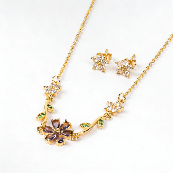 Fleuria Minimal Necklace and Earring Set - Purple | Salty