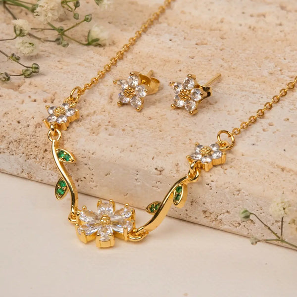 Fleuria Minimal Necklace and Earring Set - White