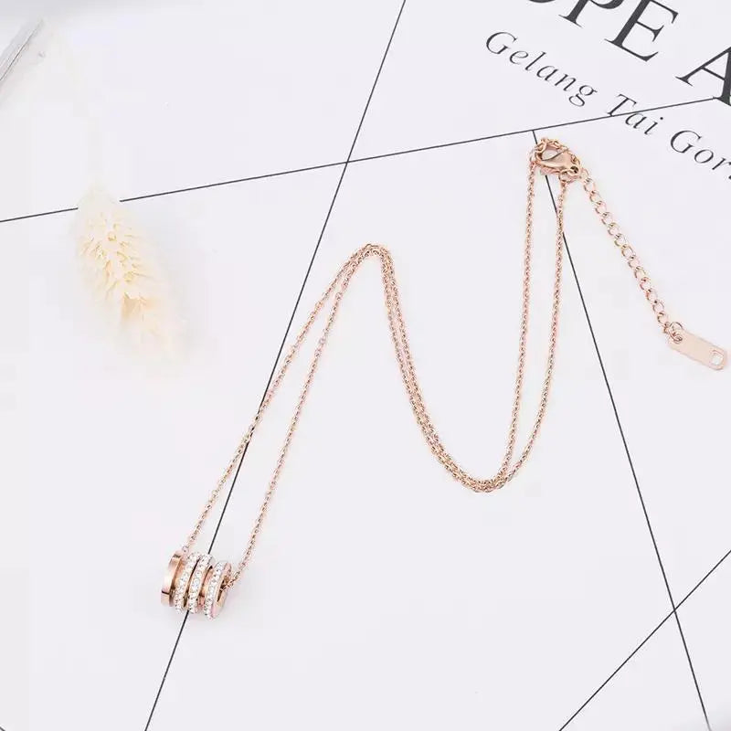 Four Circle Studded Rotating Rose Gold Necklace - Stainless Steel - Salty Accessories