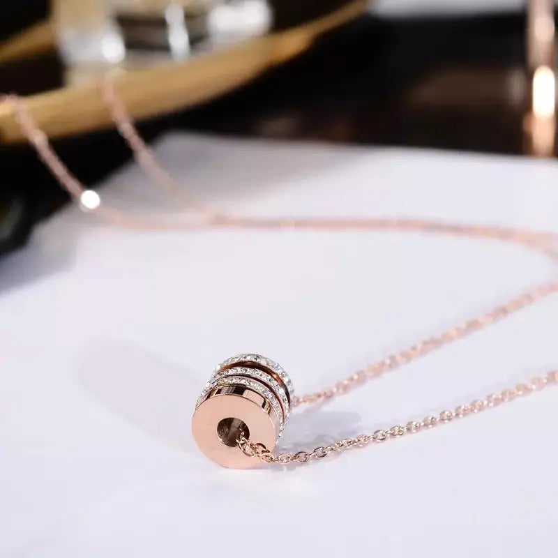 Four Circle Studded Rotating Rose Gold Necklace - Stainless Steel - Salty Accessories