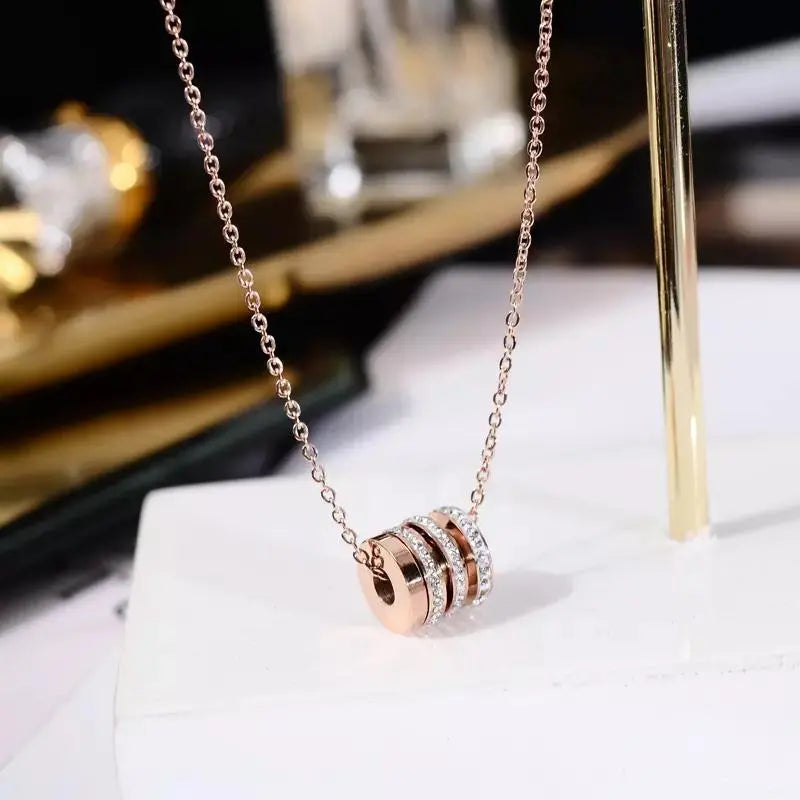 Four Circle Studded Rotating Rose Gold Necklace - Stainless Steel - Salty Accessories