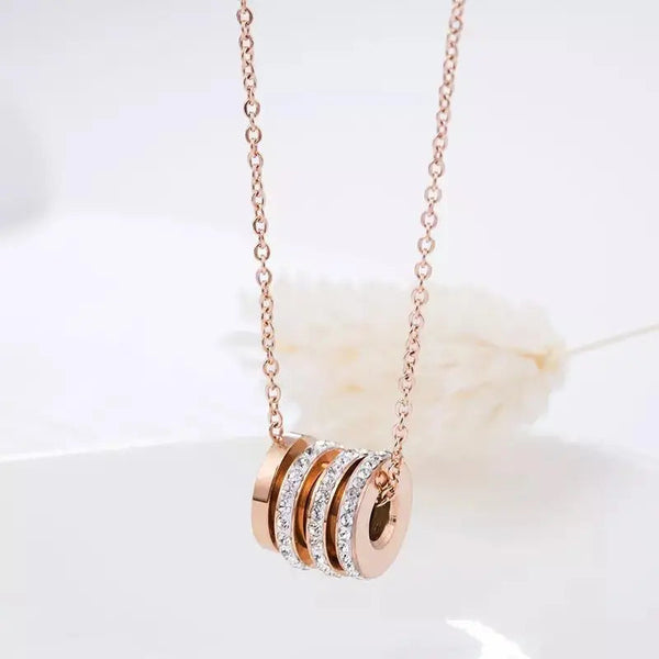 Four Circle Studded Rotating Rose Gold Necklace - Stainless Steel
