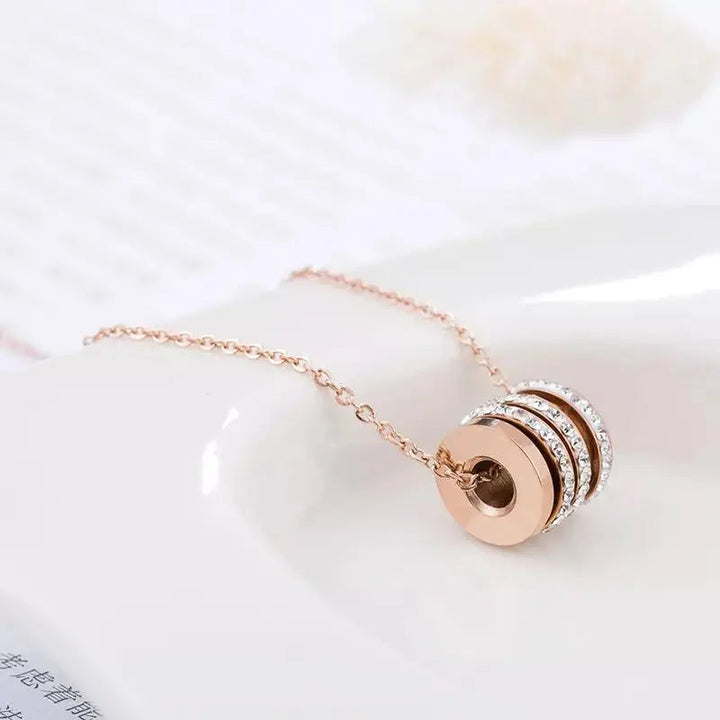 Four Circle Studded Rotating Rose Gold Necklace - Stainless Steel - Salty Accessories