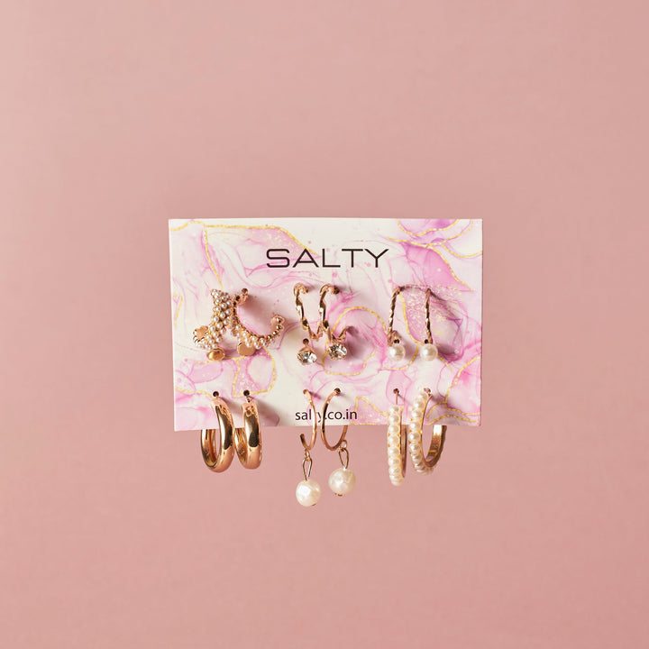 Set of 9 Gold Chunky Real Freshwater Pearl Hoops and Studs