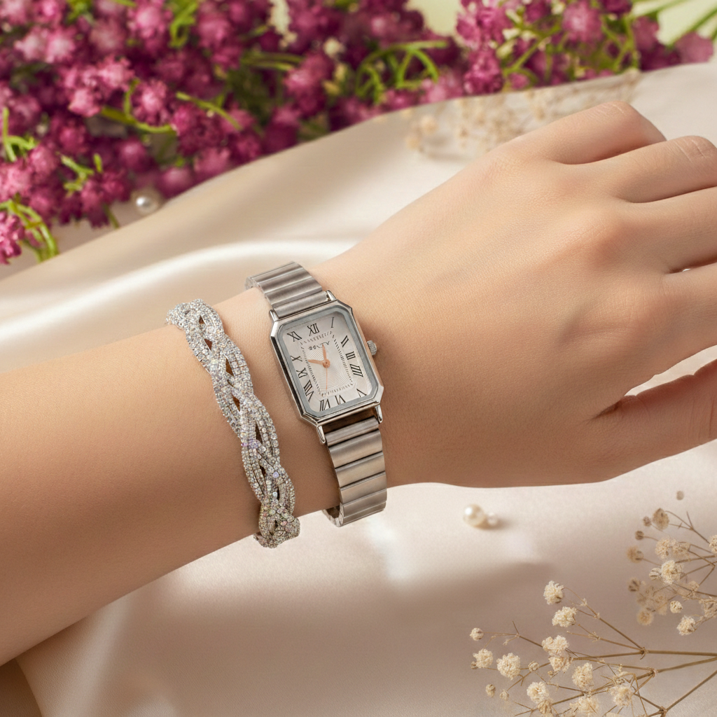 Retro White Watch Bracelet Stack