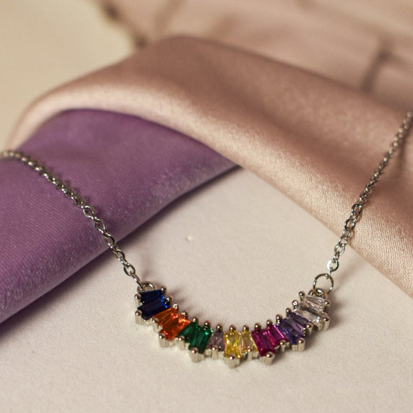 Gemstone Crescent Necklace - Silver