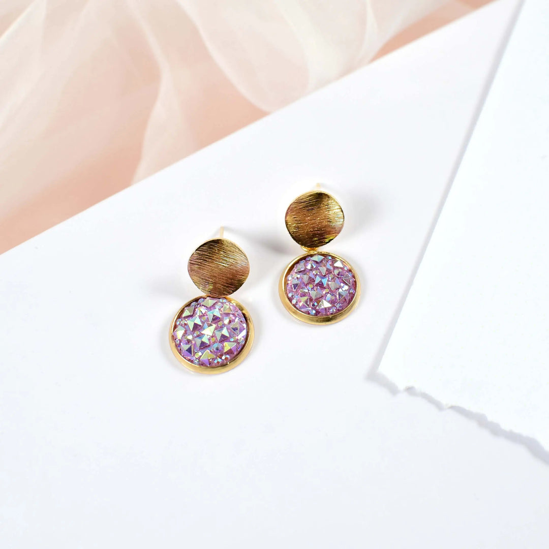 Geometry Purple Starry Sky Crystal Gold Drop Earrings - Salty Accessories