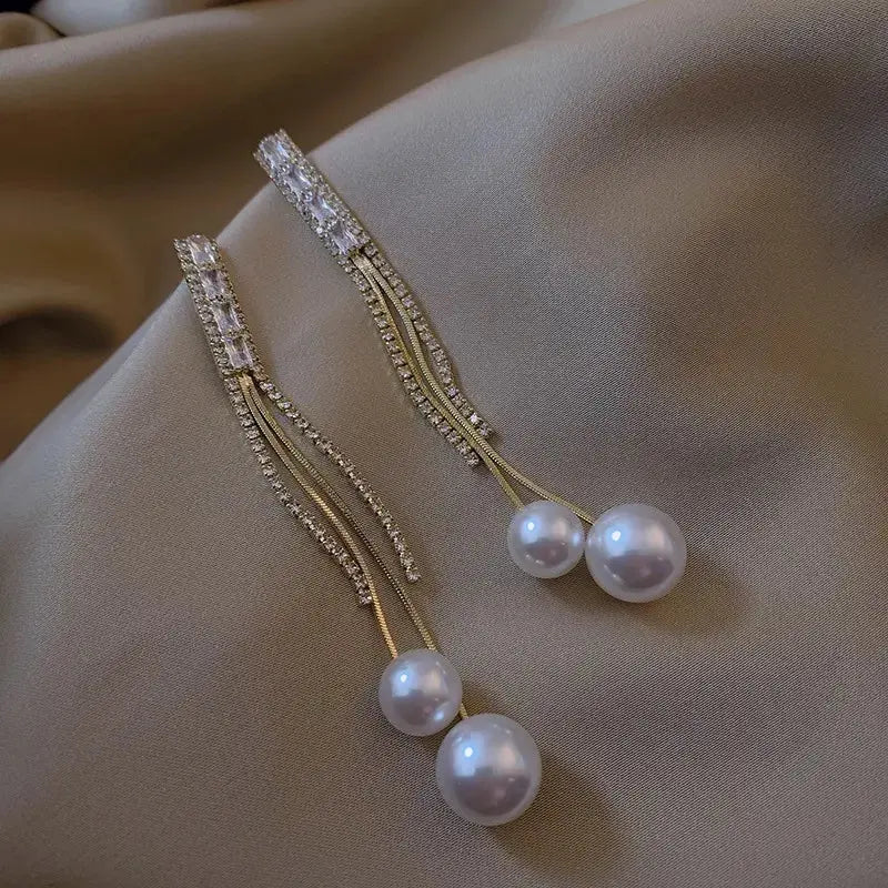 Glam Pearls Zircon Tassel Earrings