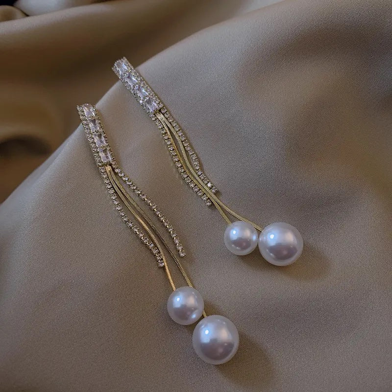 Glam Pearls Zircon Tassel Earrings