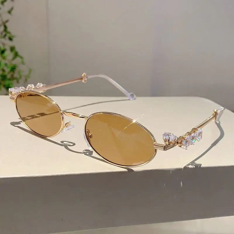 Glamour Oval Crystal Sunglasses - (Gold-Brown) | Salty