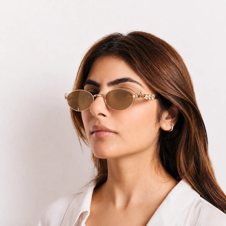 Glamour Oval Crystal Sunglasses - (Gold-Brown) | Salty