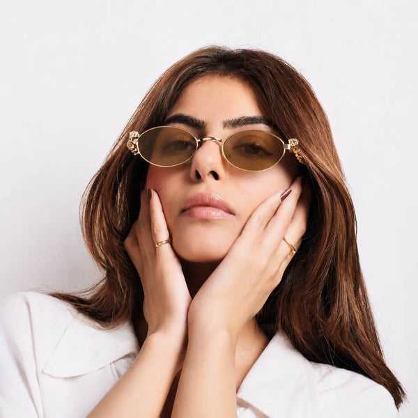 Glamour Oval Crystal Sunglasses - (Gold-Brown)