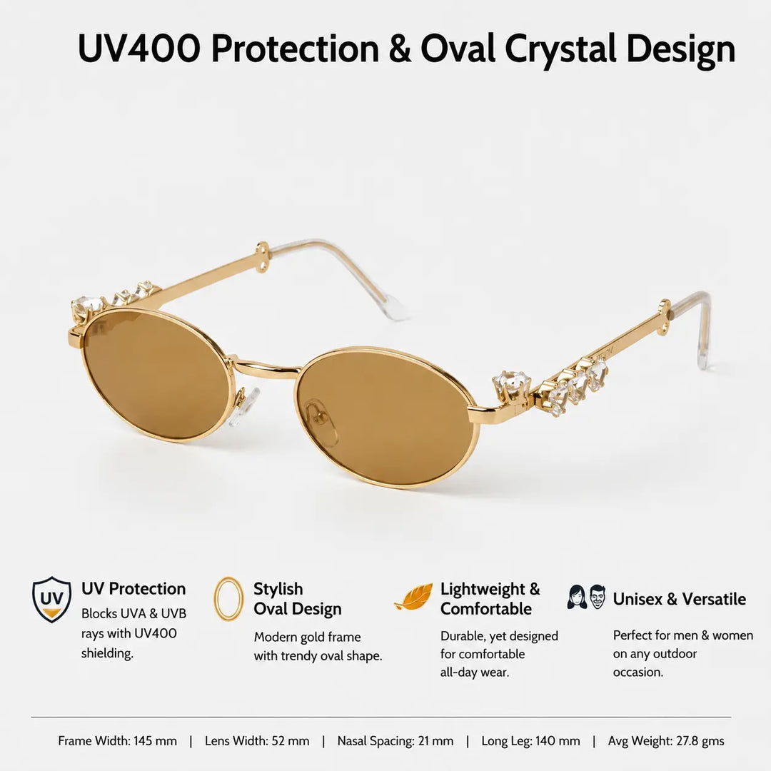 Glamour Oval Crystal Sunglasses - (Gold-Brown) | Salty