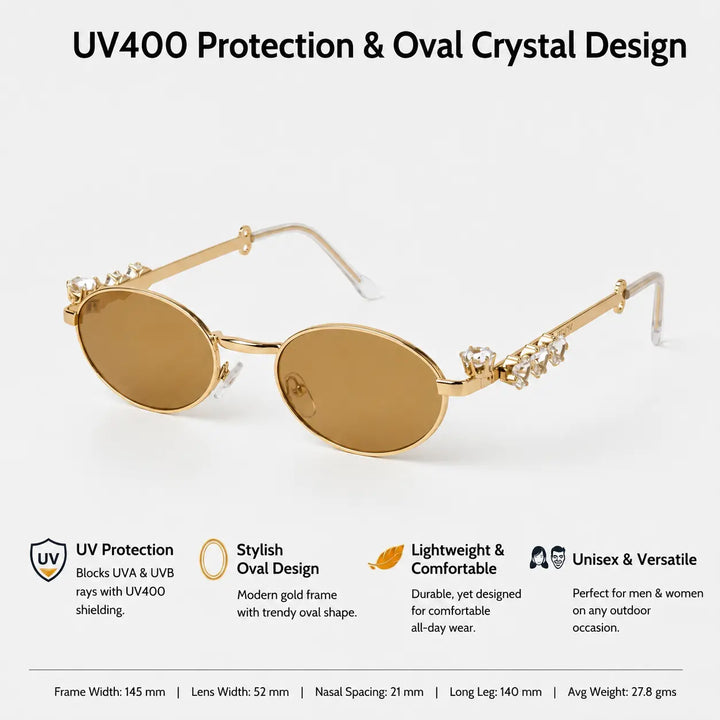 Glamour Oval Crystal Sunglasses - (Gold-Brown) | Salty