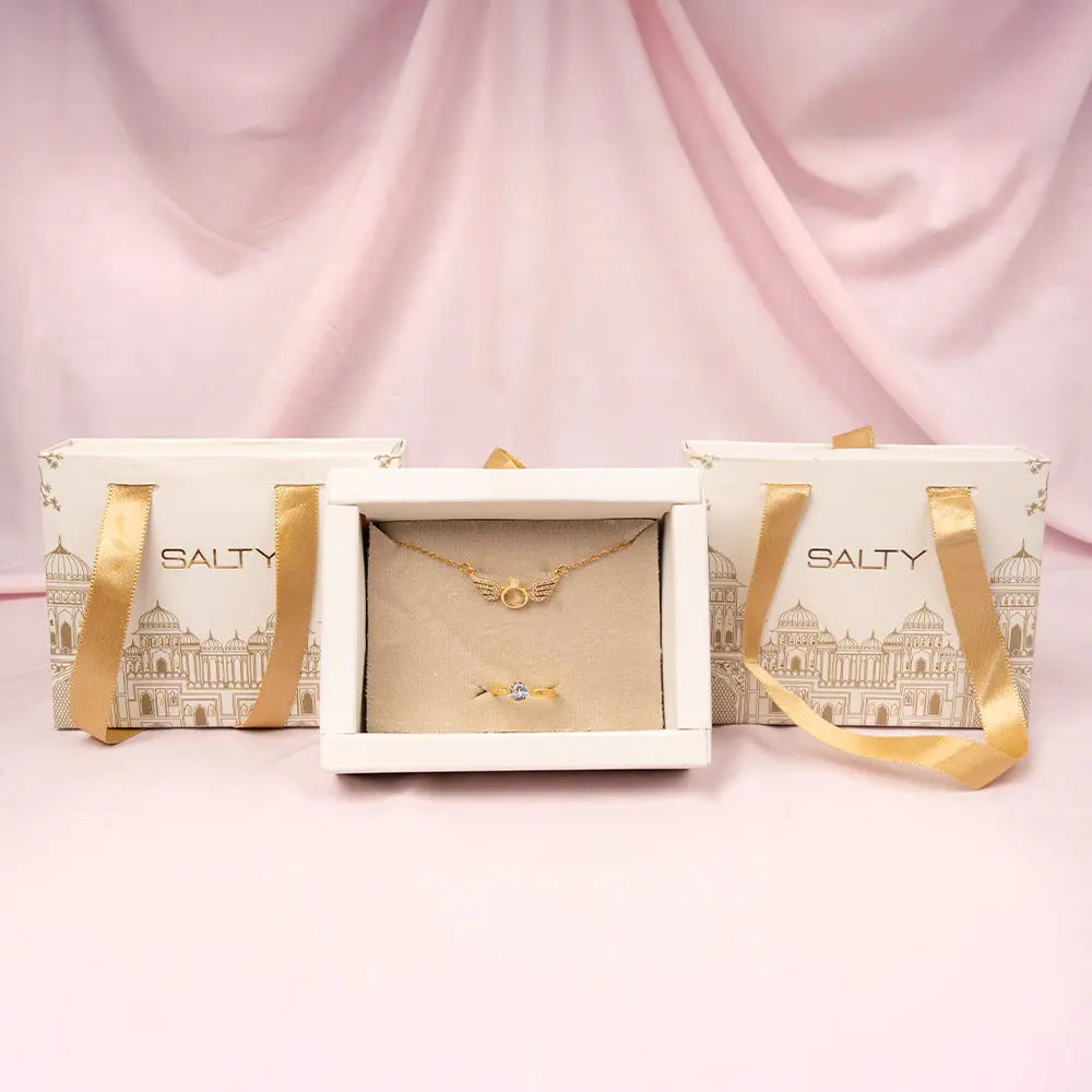Gold Angel Wings Necklace and  Gold Tone Ring set For Mother | Salty