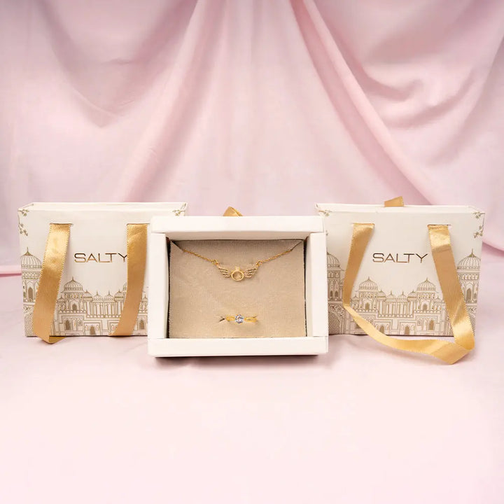 Gold Angel Wings Necklace and  Gold Tone Ring set For Mother | Salty