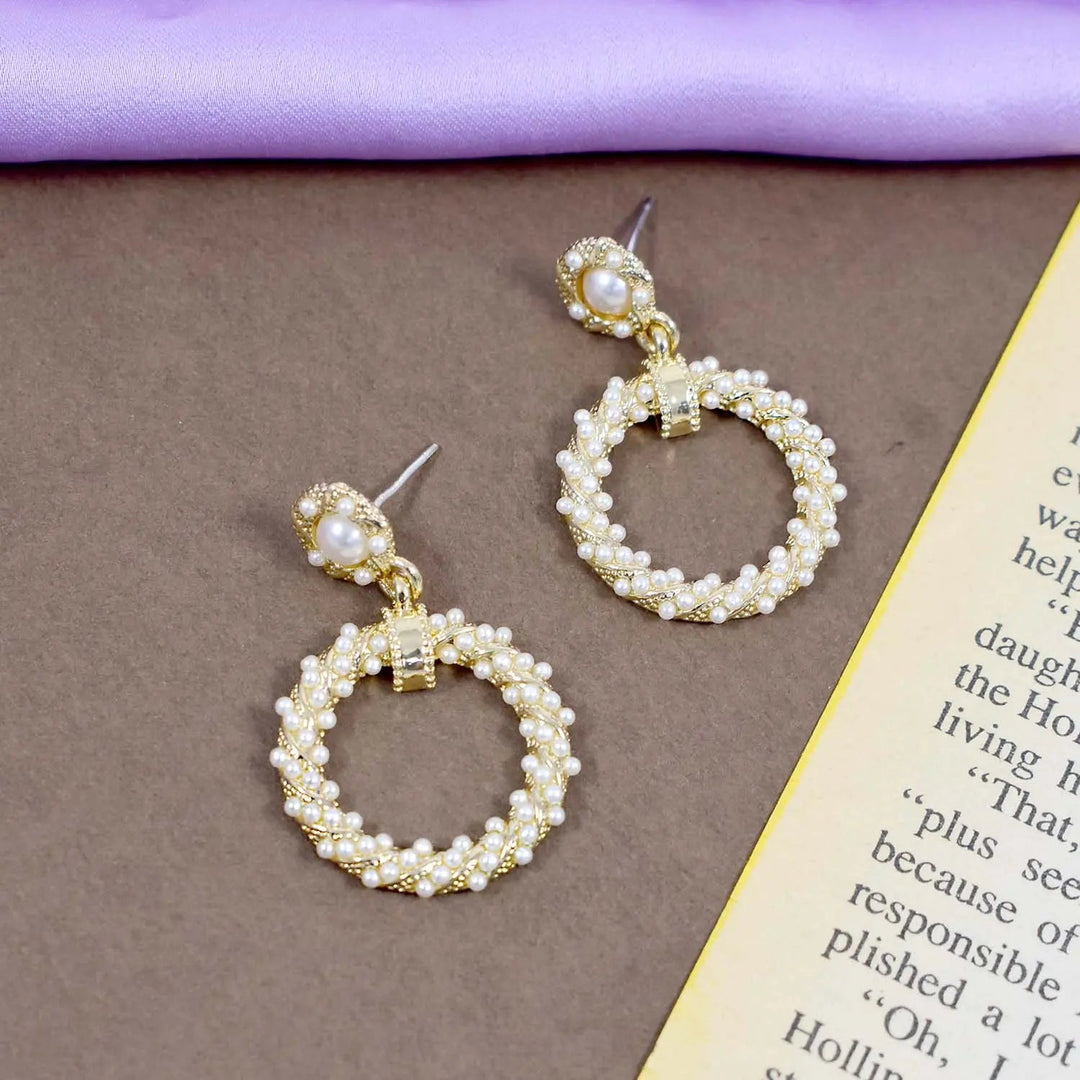 Gold Circle Twisted Pearl Drop Earrings