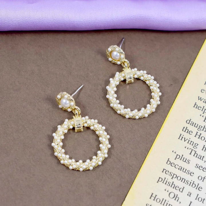 Gold Circle Twisted Pearl Drop Earrings