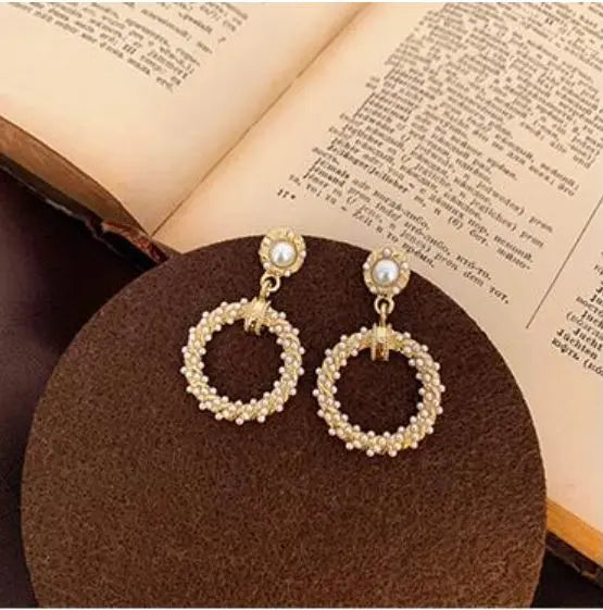 Gold Circle Twisted Pearl Drop Earrings