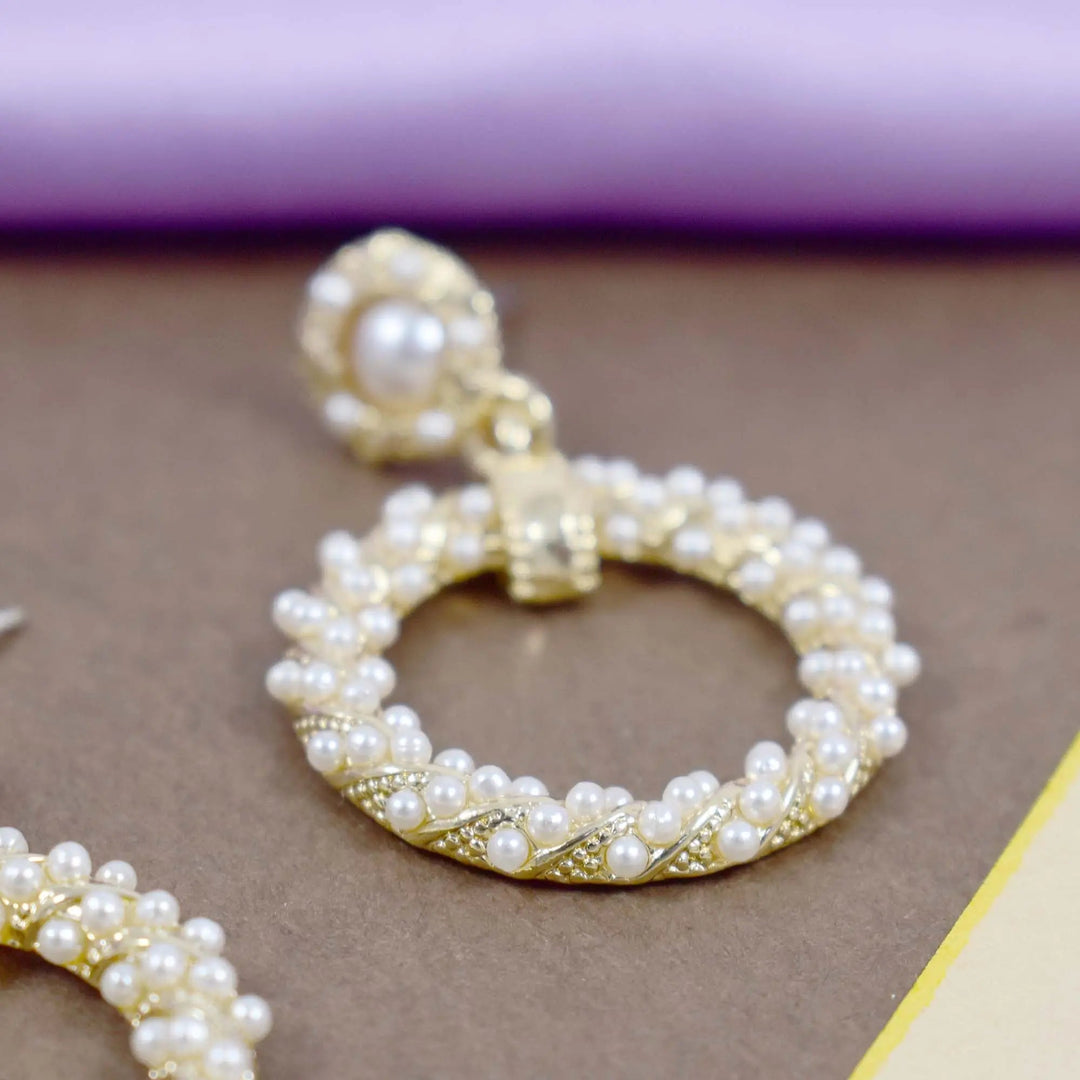 Gold Circle Twisted Pearl Drop Earrings