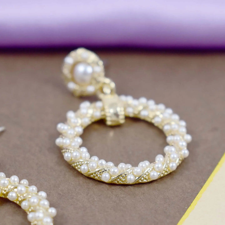 Gold Circle Twisted Pearl Drop Earrings
