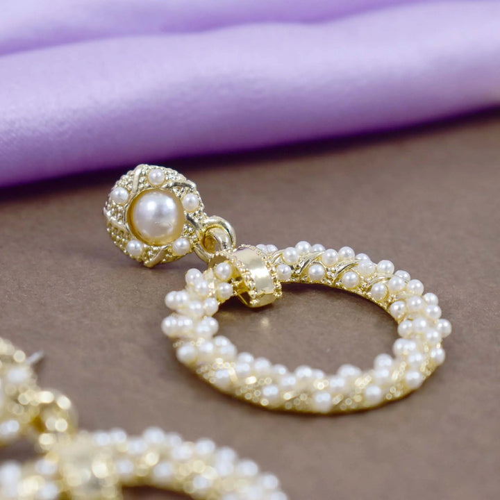 Gold Circle Twisted Pearl Drop Earrings