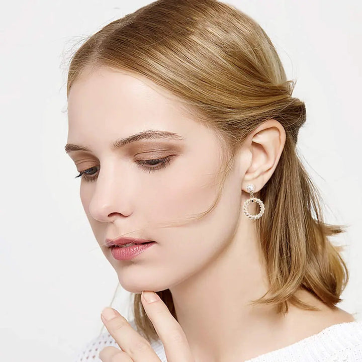 Gold Circle Twisted Pearl Drop Earrings