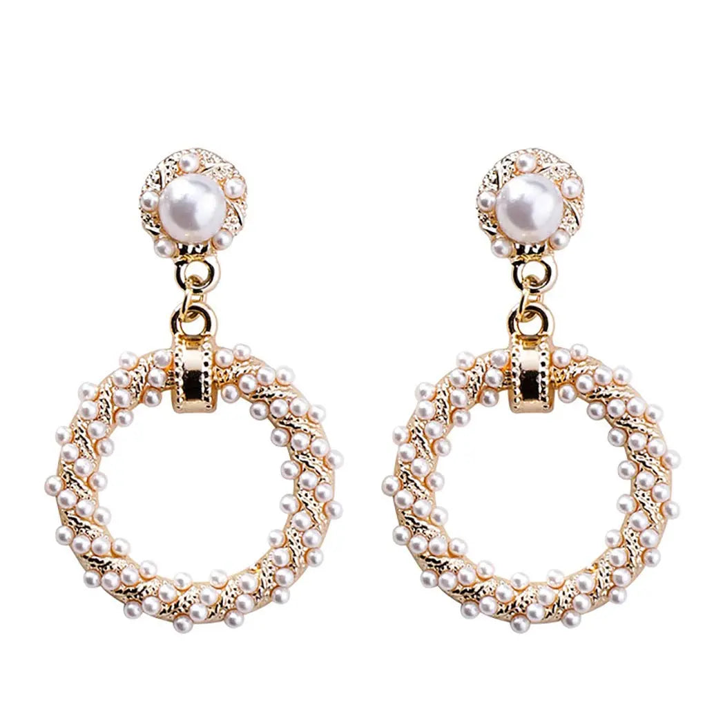 Gold Circle Twisted Pearl Drop Earrings