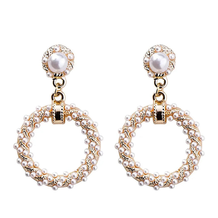 Gold Circle Twisted Pearl Drop Earrings