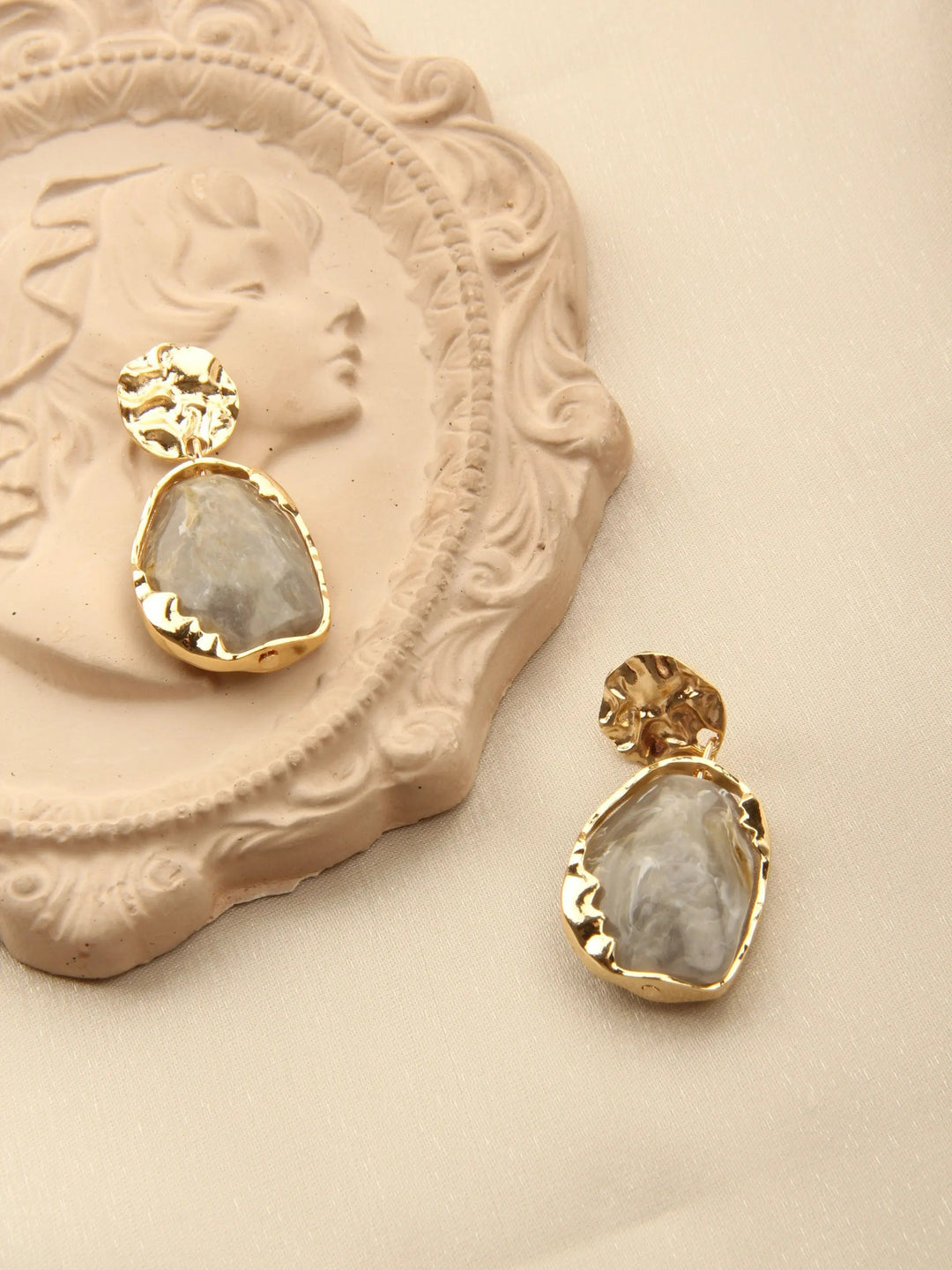 Gold plated Resin Gemston Pendant Earrings - Pewter - Salty Accessories