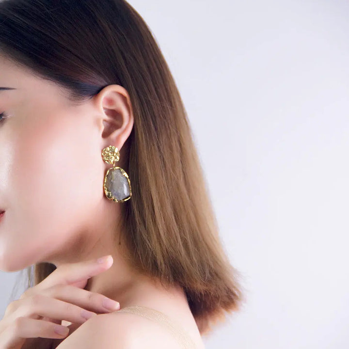 Gold plated Resin Gemston Pendant Earrings - Pewter - Salty Accessories