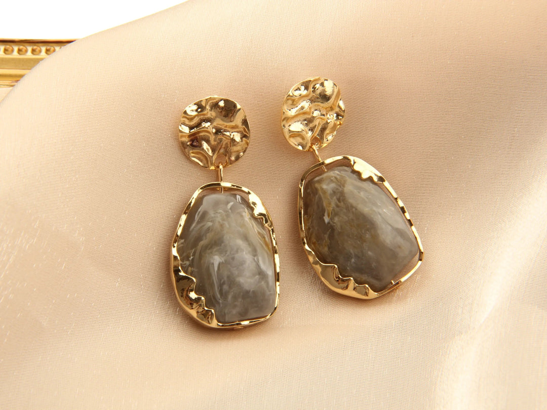 Gold plated Resin Gemston Pendant Earrings - Pewter - Salty Accessories