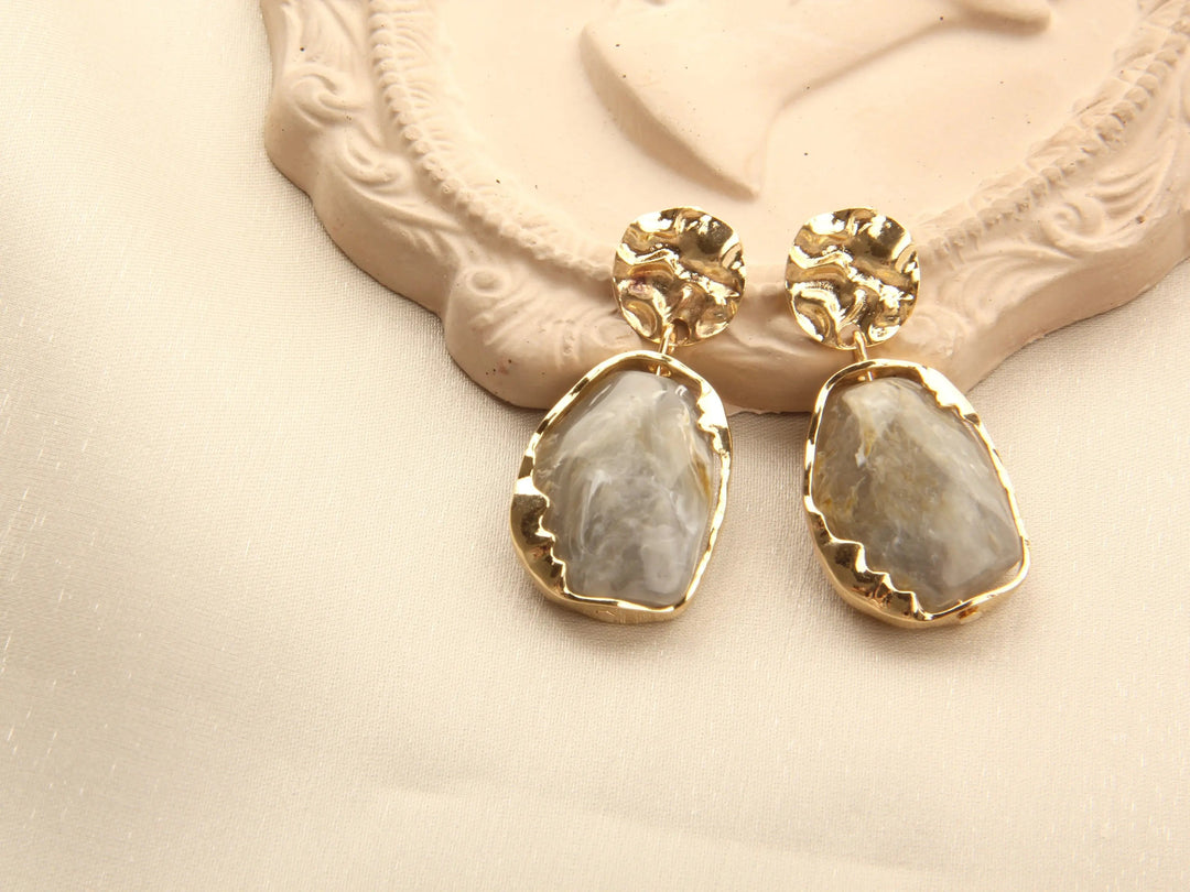 Gold plated Resin Gemston Pendant Earrings - Pewter - Salty Accessories