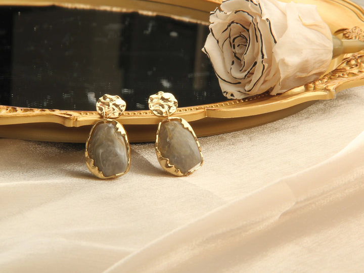 Gold plated Resin Gemston Pendant Earrings - Pewter - Salty Accessories