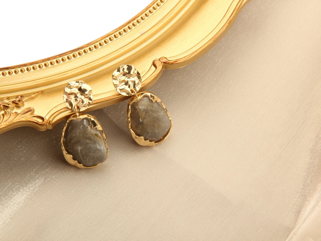 Gold plated Resin Gemston Pendant Earrings - Pewter - Salty Accessories