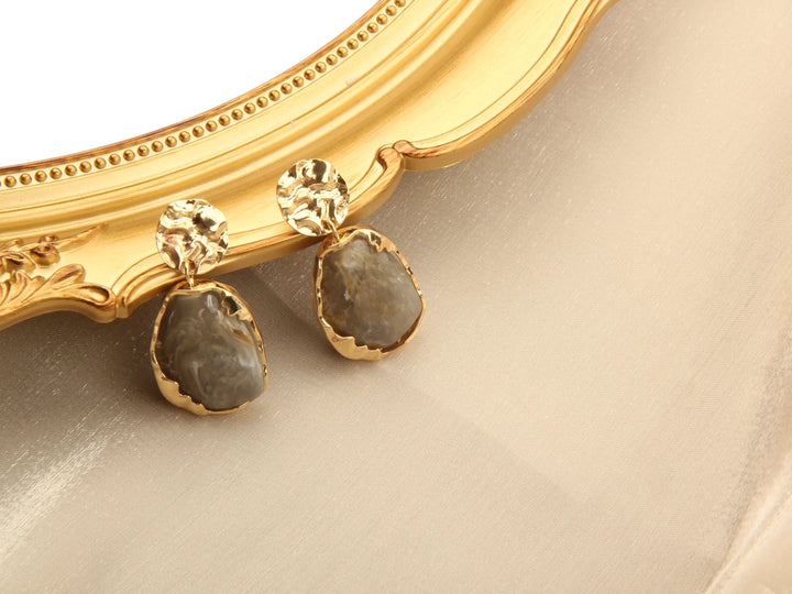 Gold plated Resin Gemston Pendant Earrings - Pewter - Salty Accessories