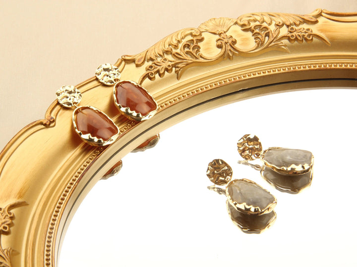 Gold plated Resin Gemston Pendant Earrings - Pewter - Salty Accessories