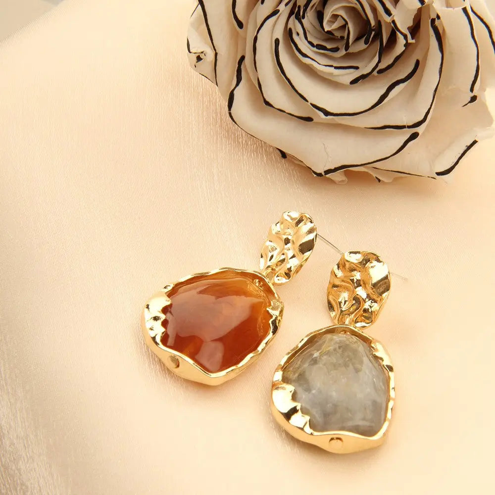 Gold plated Resin Gemston Pendant Earrings - Rosewood - Salty Accessories