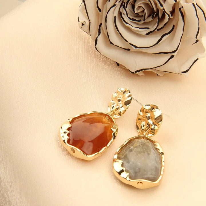 Gold plated Resin Gemston Pendant Earrings - Rosewood - Salty Accessories