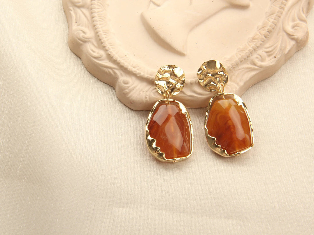 Gold plated Resin Gemston Pendant Earrings - Rosewood - Salty Accessories