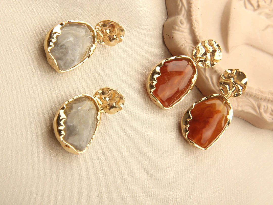 Gold plated Resin Gemston Pendant Earrings - Rosewood - Salty Accessories