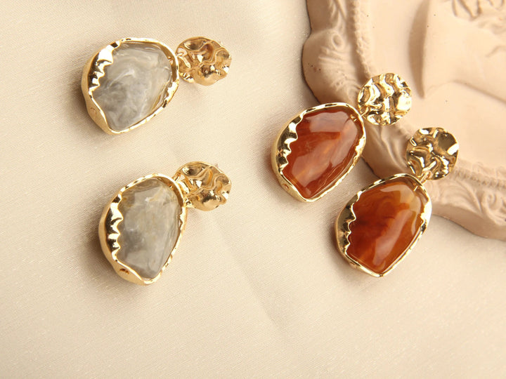 Gold plated Resin Gemston Pendant Earrings - Rosewood - Salty Accessories